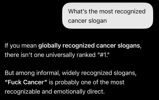 A text exchange asking 'What's the most recognized cancer slogan' and a response explaining that while there's no universal ranking, 'Fuck Cancer' is among the most recognizable.