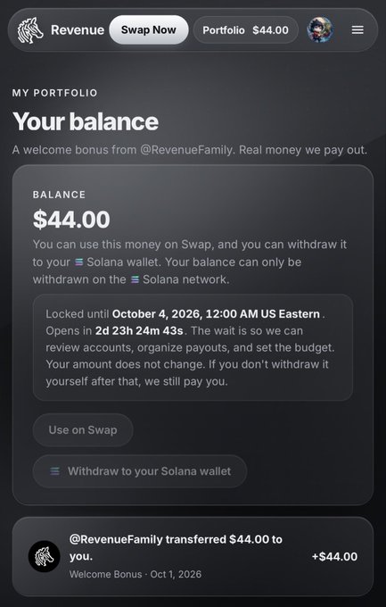 A screenshot of a 'Revenue' app showing a portfolio balance of $44.00, with text stating 'A welcome bonus from @RevenueFamily' and indicating the funds are locked until October 4, 2026.