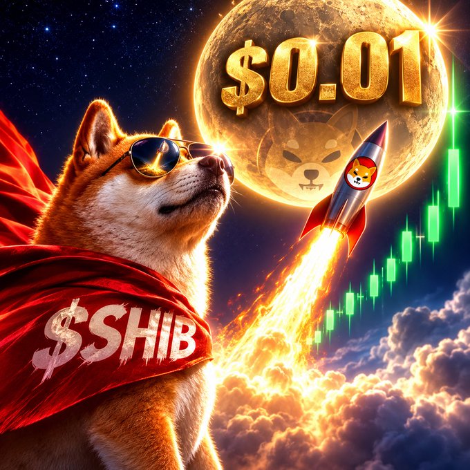 A vibrant crypto-themed graphic featuring a Shiba Inu dog wearing sunglasses and a red '$SHIB' cape, set against a starry sky with a large golden coin displaying '$0.01', a rocket ship, and a green upward-trending candlestick chart.