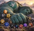 A video game screenshot showing a large green monster character with 'X' eyes lying down, surrounded by colorful skill icons with symbols like a sword, shield, and lightning bolts.