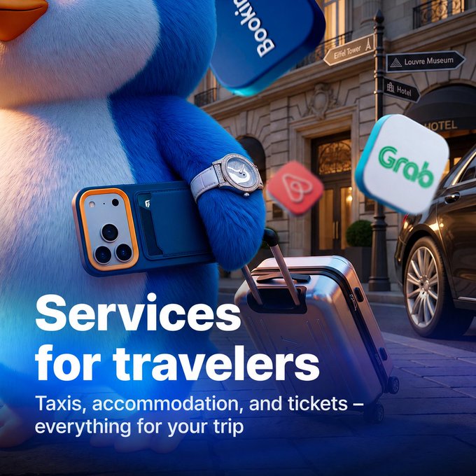 A blue furry mascot character wears a watch and holds a smartphone while standing next to luggage, promoting 'Services for travelers' including taxis, accommodation, and tickets, with logos for Booking, Grab, and Airbnb visible.