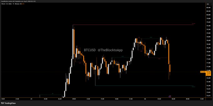 A TradingView candlestick chart for BTCUSD showing significant price volatility with a notable sharp rise and fall, attributed to 'TheBlocktoApp'.