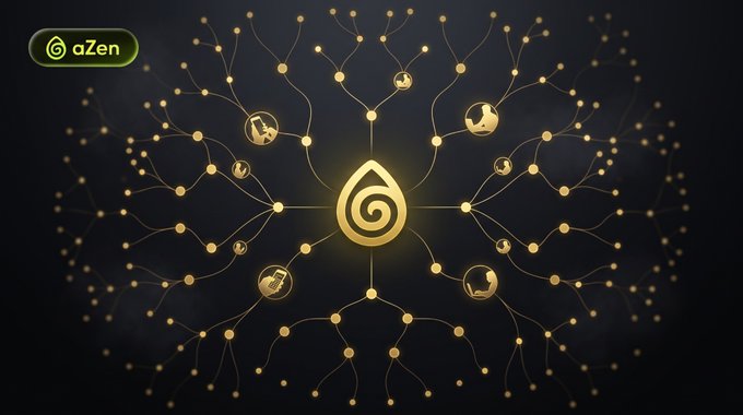 The image showcases the "aZen" logo in the top-left corner, with a glowing golden teardrop-shaped emblem at the center of an intricate network of interconnected nodes, each displaying small symbols representing various ecosystem elements like guitars, tools, and gaming icons. The interconnected web visually reinforces the post's message of building networks, inviting others, and unlocking earning opportunities through the $AZEN token within the aZen ecosystem.