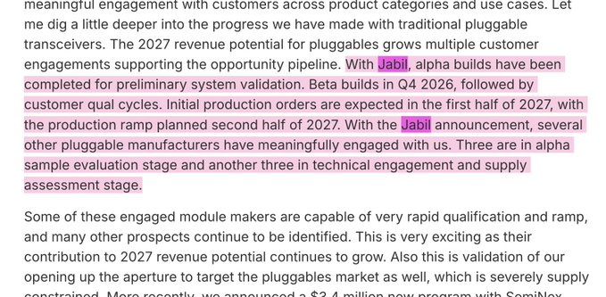 An earnings report excerpt highlighting that Sivers Semiconductors has progressed with traditional pluggable transceiver customers, with $Jabil completing alpha builds for system validation and beta builds expected in Q4 2026, while three module makers are in alpha sample evaluation and three others in technical engagement.