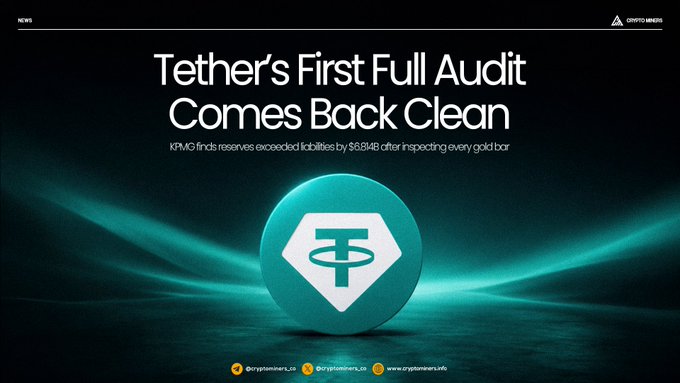 A Crypto Times news graphic titled "Tether's First Full Audit Comes Back Clean" states that KPMG finds reserves exceeded liabilities by $5.814B after inspecting every gold bar.