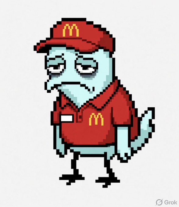 A pixel art illustration of a tired-looking blue lizard or dinosaur character wearing a red McDonald's uniform cap and shirt with the golden arches logo, credited to Grok.