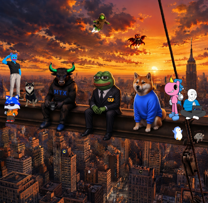 A meme-style illustration recreates the 'Lunch atop a Skyscraper' scene with crypto mascots, including Pepe the Frog, a Shiba Inu in a blue sweater, a unicorn, a bull, and characters in HTX shirts, sitting on a steel beam above a sunset cityscape.