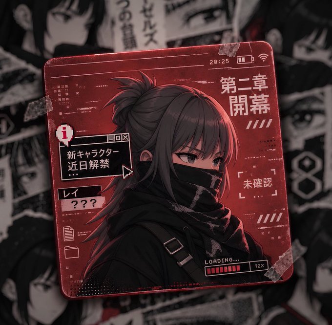 A red-tinted anime-style card featuring a masked character labeled "レイ ???" (Rei ???) with Japanese text "第二章開幕" (Chapter 2 Opening) and "新キャラクター近日解禁" (New Character Unveiling Soon), displayed at 72% loading. The cyberpunk UI aesthetic with glitch elements aligns with the post's NFT community theme, suggesting the artwork is a character reveal tied to the @0xhazels "clear waves positions" protocol.