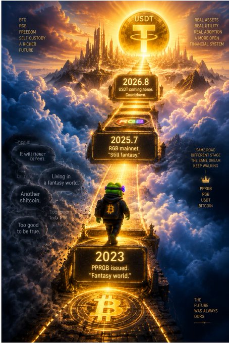 The image depicts a journey through a fantastical, cloud-filled landscape with milestones marked by dates: "2023 PPRGB issued, Fantasy world," "2025.7 RGB mainnet, Still fantasy," and "2026.8 USDT coming home, Countdown," all leading toward a glowing USDT symbol above. A frog character wearing a Bitcoin backpack walks along the path, illustrating how what was once dismissed as "living in a fantasy world" by early PPRGB holders has progressively materialized into real utility with RGB's mainnet launch and Tether's adoption on RGB.