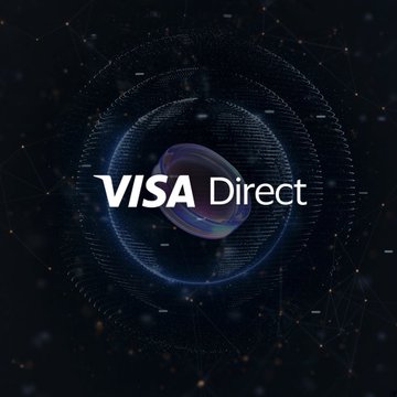 The image displays the "VISA Direct" logo set against a dark, futuristic background featuring glowing blue digital spheres and interconnected network nodes. This visual ties to the post by symbolizing Visa Direct's expanded payment infrastructure, now enhanced by stablecoin-powered prefunding technology that enables real-time cross-border transactions.