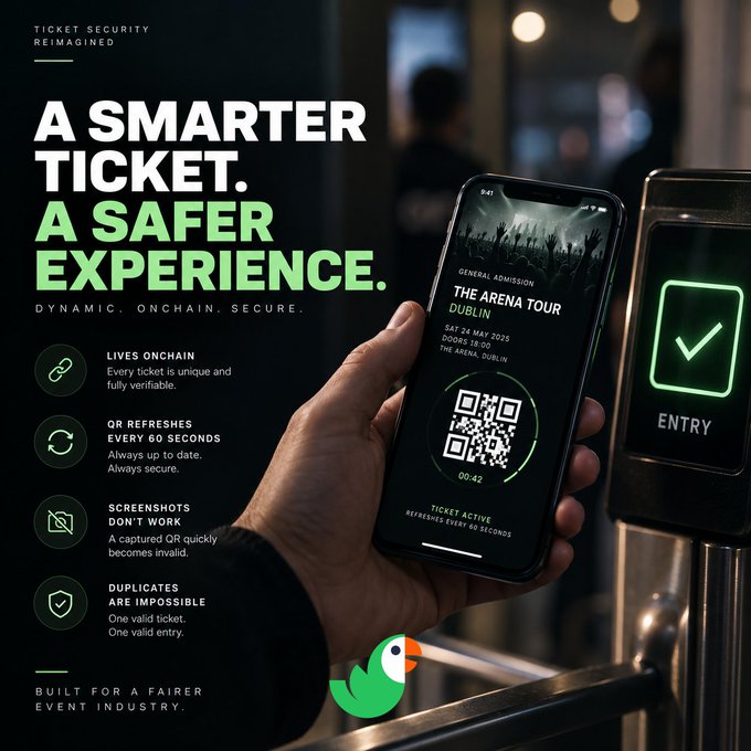 A promotional graphic titled 'A SMARTER TICKET. A SAFER EXPERIENCE.' showcasing a hand holding a smartphone displaying a dynamic QR code ticket for 'THE ARENA TOUR' at 'THE ARENA, DUBLIN', with features listed including 'LIVES ONCHAIN' and 'QR REFRESHES EVERY 60 SECONDS'.