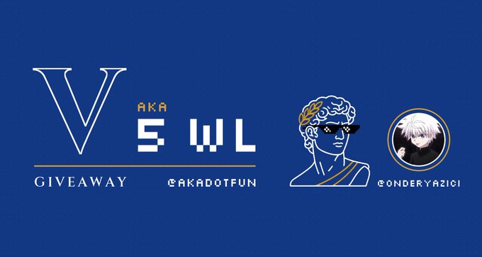 A promotional graphic on a blue background for a 'V aka S W L GIVEAWAY' featuring an illustration of a classical statue with sunglasses and cartoon avatars labeled @AKADOTFUN and @ONDERYAZICI.