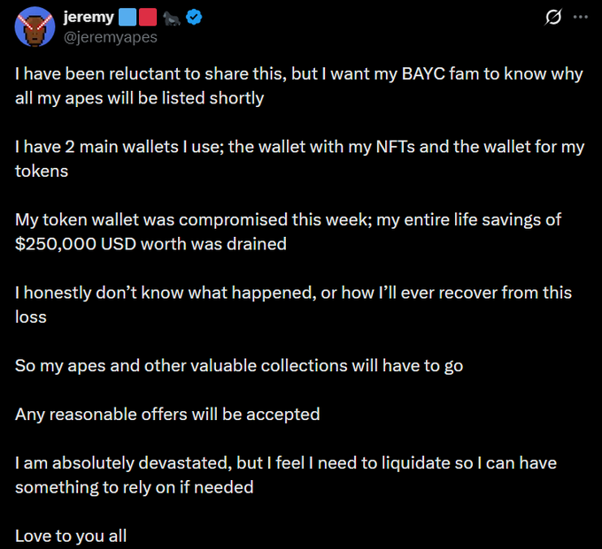 A tweet from @jeremyapes announcing that his Bored Ape Yacht Club (BAYC) NFT collection will be listed for sale after his token wallet was compromised, resulting in $250,000 in losses, which the accompanying post uses to highlight the contrast between genuine community hardship and superficial "KOL" drama within the Apechain ecosystem.