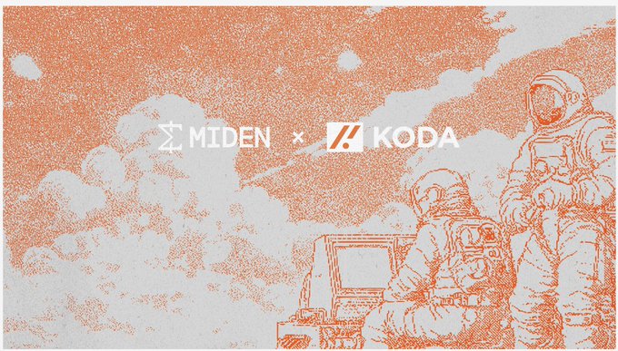 A promotional banner displays the logos 'MIDEN x KODA' over an orange and white illustration of astronauts in a cloud-like landscape.