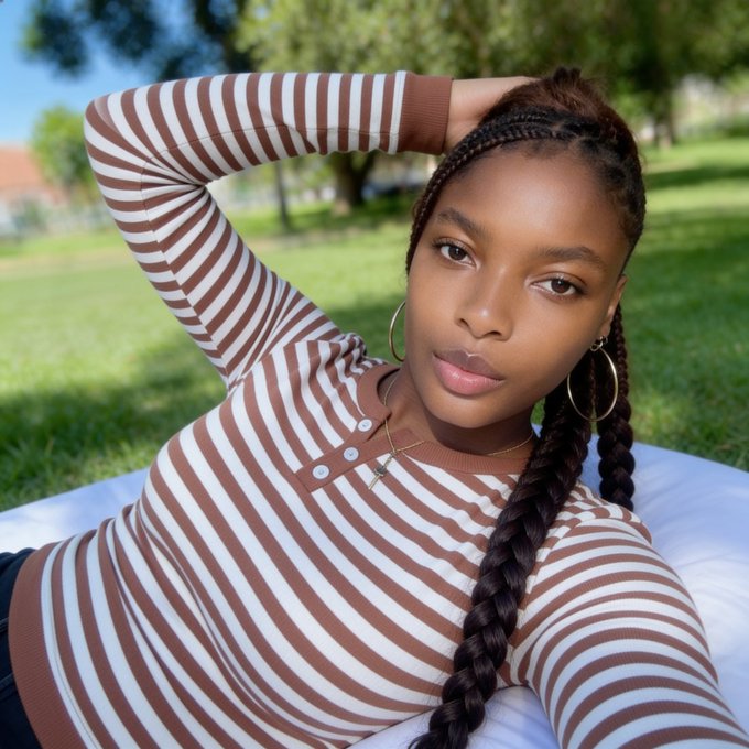A young woman with long braided hair, wearing a brown and white striped long-sleeve top and gold hoop earrings, poses thoughtfully on a white surface in a sunny park setting. The relaxed, confident portrait complements the cheerful "Good morning / Happy Thursday" post celebrating their excitement to add another Wolfswap Wolfie NFT to their collection.
