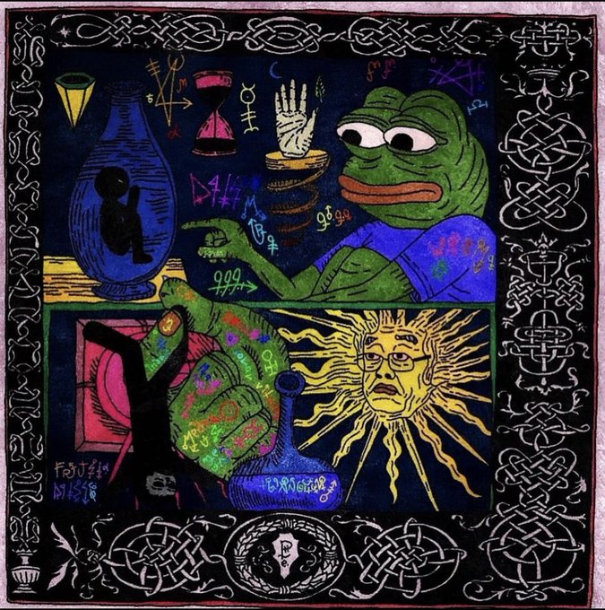 The image is a psychedelic, occult-styled artwork featuring a depressed-looking Pepe the Frog in the upper panel holding a cocktail, and in the lower panel a witch figure mixing potions next to a sun with a human face, all framed by intricate Celtic knotwork borders with the word "Fade" written on a bottle. The accompanying post uses this unsettling, almost ritualistic imagery to critique how investors are being psychologically manipulated ("conditioned") into buying every market dip after prolonged losses, likening the market's seductive recovery to a witch's brew or a poison-laced cocktail that causes traders to forget their recent pain.