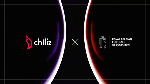The image features a promotional poster for a fan token partnership between two companies, Chiliz and the Royal Belgian Football Association (RBFA). The poster has a black background with red and white swirls that create an illusion of a globe or planet. The text on the poster indicates that fans can purchase a fan token to support their favorite teams in Belgium.