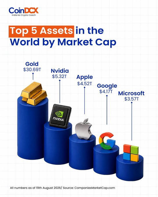 The image from CoinDCX shows the "Top 5 Assets in the World by Market Cap" as of August 19, 2026, featuring Gold ($30.69T), Nvidia ($5.32T), Apple ($4.52T), Google ($4.17T), and Microsoft ($3.57T), highlighting the omission of Bitcoin to spark discussion about where cryptocurrency ranks among the world's largest assets.