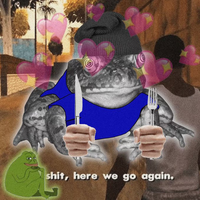 A surreal meme image of a frog in a beanie and blue tank top with hypnotic spiral eyes holding a knife and fork, surrounded by pink hearts, with a small green creature and the caption 'shit, here we go again.'