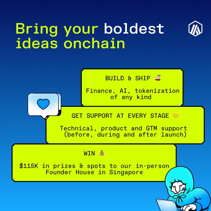 A promotional infographic titled 'Bring your boldest ideas onchain' with sections for 'BUILD & SHIP', 'GET SUPPORT AT EVERY STAGE', and 'WIN' offering '$115K in prizes & spots to our in-person Founder House in Singapore'.