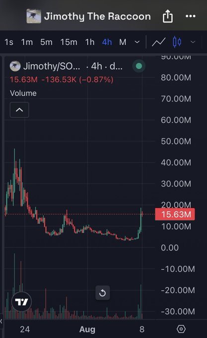 A trading chart for 'Jimothy The Raccoon' (Jimothy/SOL) showing a 4-hour candle view with the current price at 15.63M and a -0.87% change.