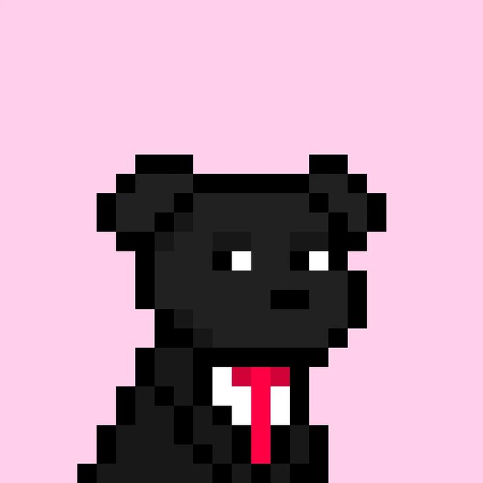 A pixel art illustration of a black dog wearing a red tie, set against a pink background, representing the "Doginal Dog" character mentioned in the caption—an ambitious dog with a dream, dressed for success in business attire.