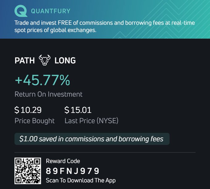 A Quantfury promotional screenshot showcasing a long position on $PATH with a +45.77% ROI, bought at $10.29 and last priced at $15.01 on NYSE, saving $1.00 in commissions and borrowing fees, accompanied by a reward code (89FNJ979) and QR code for app download.