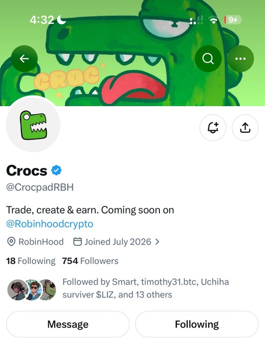 A Twitter/X profile page for the verified account "Crocs" (@CrocpadRBH) with the bio "Trade, create & earn. Coming soon on @Robinhoodcrypto", showing 18 Following, 754 Followers, joined July 2026.