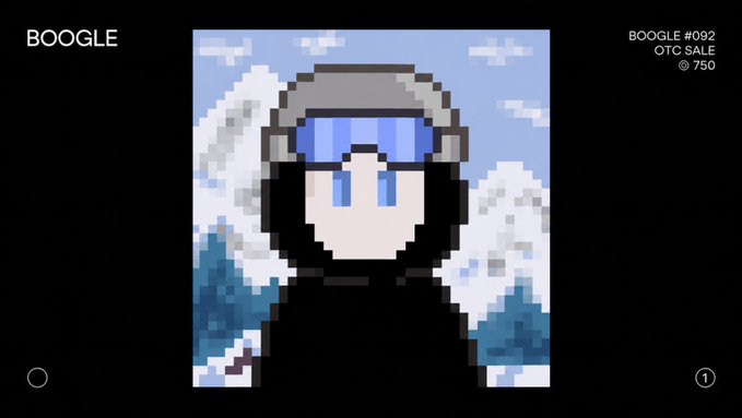 A pixel art character wearing a helmet with blue goggles is shown in front of a snowy mountain backdrop, displayed as BOOGLE #092 with text indicating it sold for 750 SOL in an OTC sale.