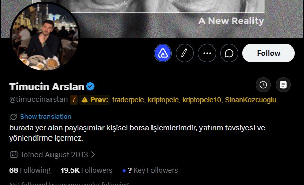A Twitter profile page for 'Timucin Arslan' (@timuccinarslan), displaying a bio in Turkish and showing 19.5K followers and 68 following.