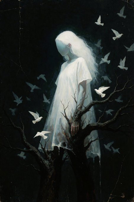 A haunting gothic illustration of a pale girl with long white hair in a white dress, standing among dark bare branches surrounded by white doves against a black background.