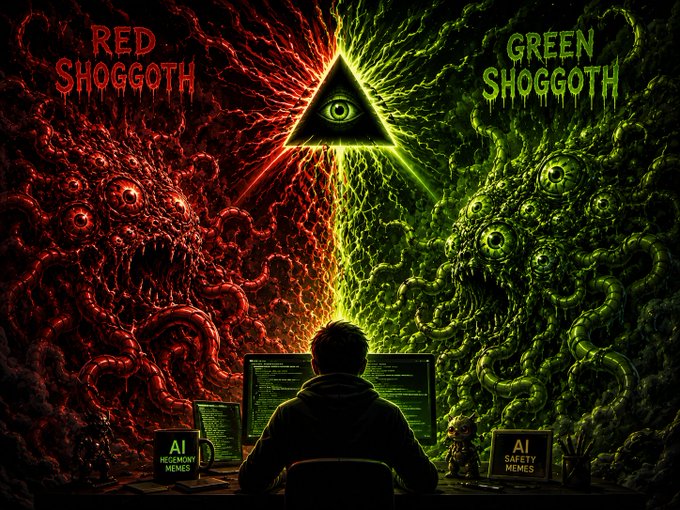 A dark, surreal digital artwork showing a person at a computer between two monstrous entities labeled 'RED SHOGGOTH' and 'GREEN SHOGGOTH,' with a glowing eye triangle above and mugs reading 'AI REGULATORY MEMES' and 'AI SAFETY MEMES.'