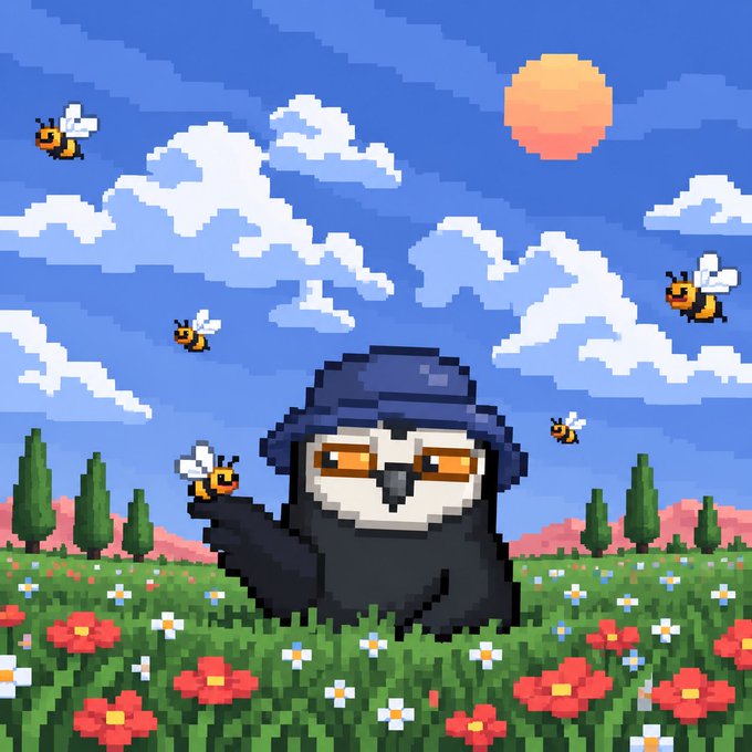 A pixel art illustration of a small black bird-like character wearing glasses and a bucket hat sitting in a field of flowers with bees flying around under a bright sun.