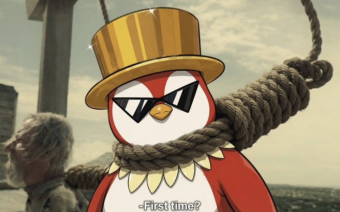 A cartoon penguin wearing a gold top hat and sunglasses stands confidently with a noose around its neck, captioned "-First time?"—a dark humor meme symbolizing veteran crypto traders' resilience through multiple bear markets, echoing the post's advice to endure several bull and bear cycles before making strategic moves.