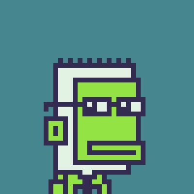 A pixel art illustration of a green-skinned character with glasses and white hair against a teal background.