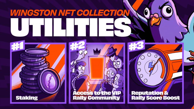 The image features a cartoon bird with wings spread wide over a purple background that says "Wingston NFT Collection Utilities". Below this, there are three different images of people standing next to each other, along with text explaining the utility options available on the Wingston NFT collection. The first option is to "Access to the VIP Reputation & Rally Community", while the second option is to "Rally Score Boost". The third option is not visible in the image but can be inferred from the context provided by the post title and description.