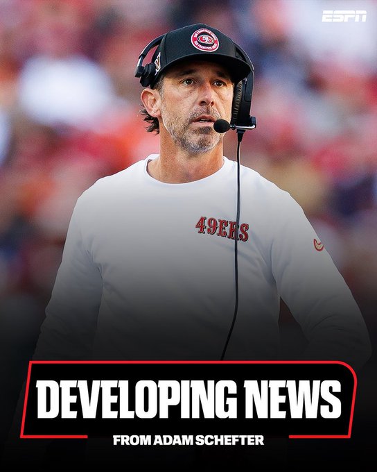 An ESPN graphic featuring San Francisco 49ers head coach Kyle Shanahan in a white 49ers shirt and headset, with a 'DEVELOPING NEWS' banner from Adam Schefter at the bottom.