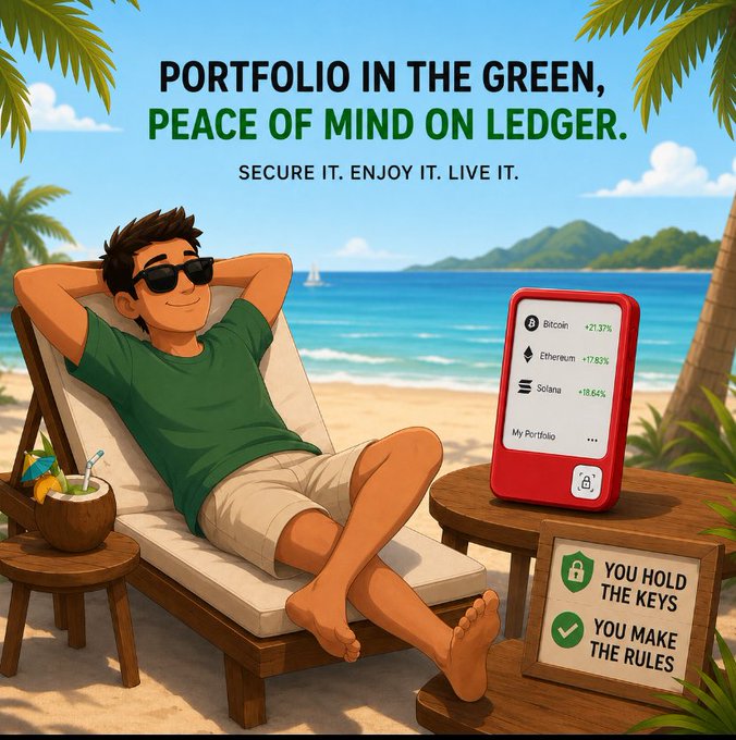 An illustrated Ledger crypto wallet advertisement reading 'PORTFOLIO IN THE GREEN, PEACE OF MIND ON LEDGER' and 'YOU HOLD THE KEYS, YOU MAKE THE RULES,' showing a man relaxing on a beach with a red Ledger device showing Bitcoin, Ethereum, and Solana gains.