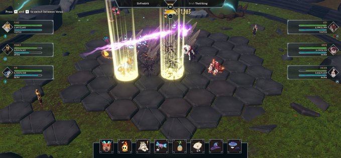 A 3v3 combat match is underway on a hexagonal grid arena, with characters named "SoftFeathr9," "3v3 - TheWikiKing," and others clashing amid beams of purple and yellow energy, while a hotbar of eight item icons and side panels showing health and mana bars frame the battlefield. The image directly illustrates the post's description of team-based PvP combat in the mobile version of Valhalla.