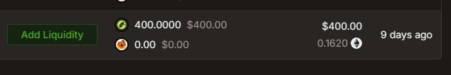 The image shows a liquidity pool position summary with a green "Add Liquidity" button on the left, displaying a position of 400.0000 tokens ($400.00) paired with 0.00 tokens ($0.00), with a total value of $400.00 and 0.1620 ETH, timestamped "9 days ago." This relates to the user's post about their LP (liquidity providing) experience with $BISCOTTI, where they initially deposited $400 in a wide price range (-75) around 7.46M, reflecting the position they opened before being rugged.