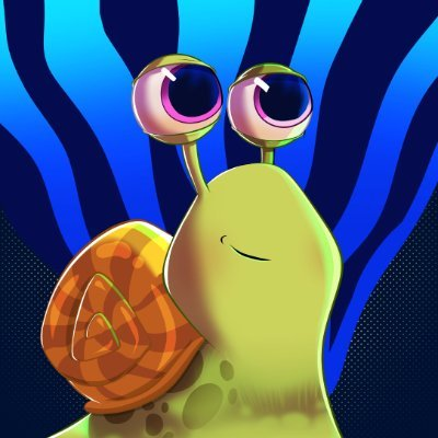 A cartoon snail with large purple eyes, a smiling face, and a spiral orange-brown shell is shown against a vibrant blue wavy background with dotted patterns. The image ties directly to the post's mention of "SnailiesNFTs," featuring an early look at the cute IP collection launching on Robinhood.