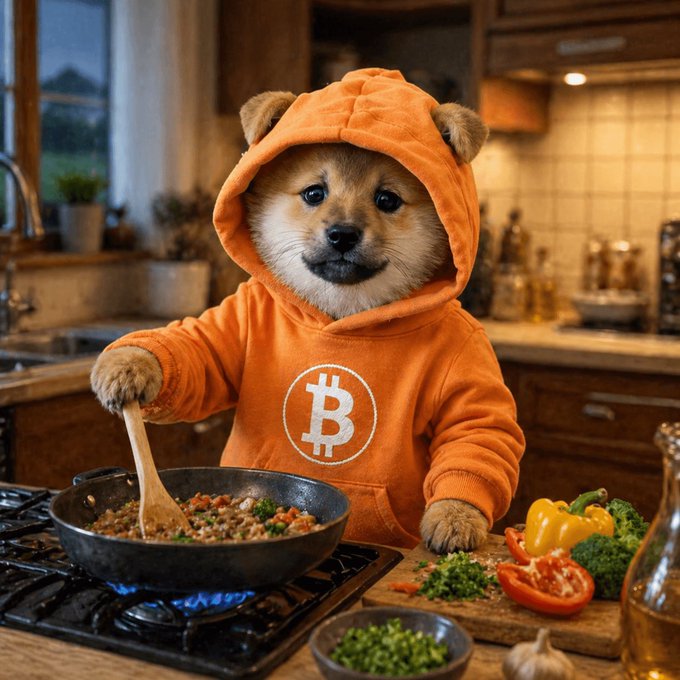 A Shiba Inu puppy wearing an orange Bitcoin hoodie cooks with a wooden spoon at a stove, with vegetables and a pan of food nearby.