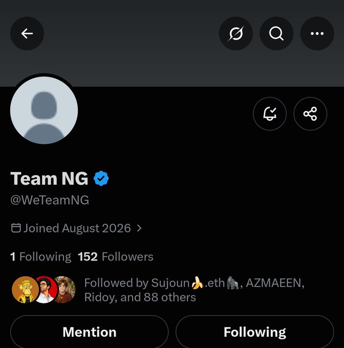 A dark-mode Twitter profile for "Team NG" (@WeTeamNG), showing 1 Following and 152 Followers, joined August 2026, with a "Following" button.