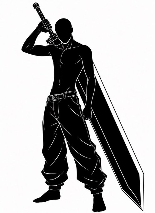 !!!STAND!!!, a muscular figure with black hair and a belt around their waist, stands against a white background holding a large sword.