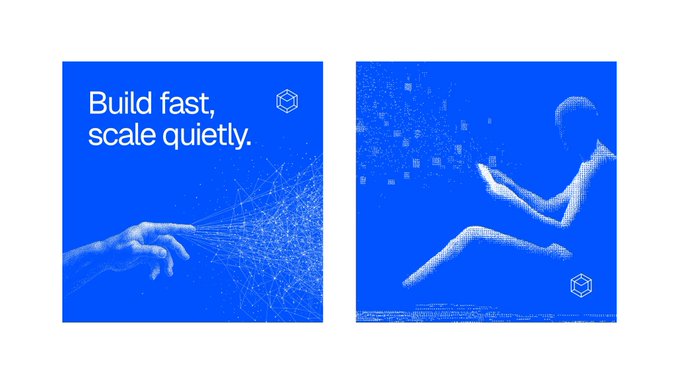 Two blue graphics with the text 'Build fast, scale quietly.' alongside a hexagonal logo, depicting a hand reaching toward a network/constellation of points and a figure sitting reading a book.