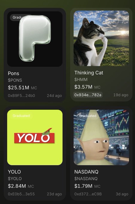 A screenshot of a memecoin trading platform displaying four graduated tokens: Pons ($PONS) at $25.51M, Thinking Cat ($HMM) at $3.57M, YOLO ($YOLO) at $2.84M, and NASDAQ ($NASDAQ) at $1.79M.