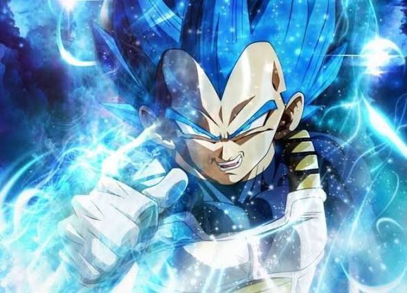 Vegeta from Dragon Ball Super powers up with a glowing blue energy aura while charging an attack, symbolizing the surge of power and explosive momentum the user hopes to achieve by sending Sol (Solana cryptocurrency) to maximize their Robinhood trading gains.