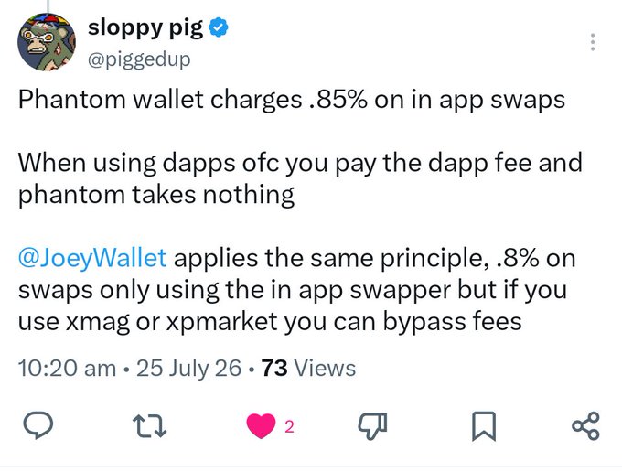 A Twitter/X post by verified user 'sloppy pig' (@piggedup) discussing wallet fees, noting 'Phantom wallet charges .85% on in app swaps' and mentioning how @JoeyWallet charges .8%, posted on 25 July 26.
