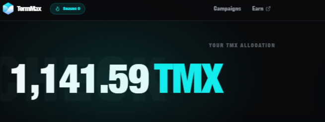 A dashboard displays a TermMax account showing a TMX allocation of 1,141.59, with navigation tabs for "Season 6," "Campaigns," and "Earn." This visually corresponds to the post's mention of having received over 1,100 TMX in airdrop rewards on the TermMax platform.