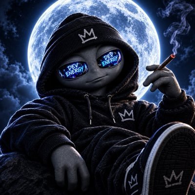 A stylized dark digital illustration features a hooded character smoking a cigarette under a full moon, with sunglasses reflecting 'DEV ENERGY' and crown logos.